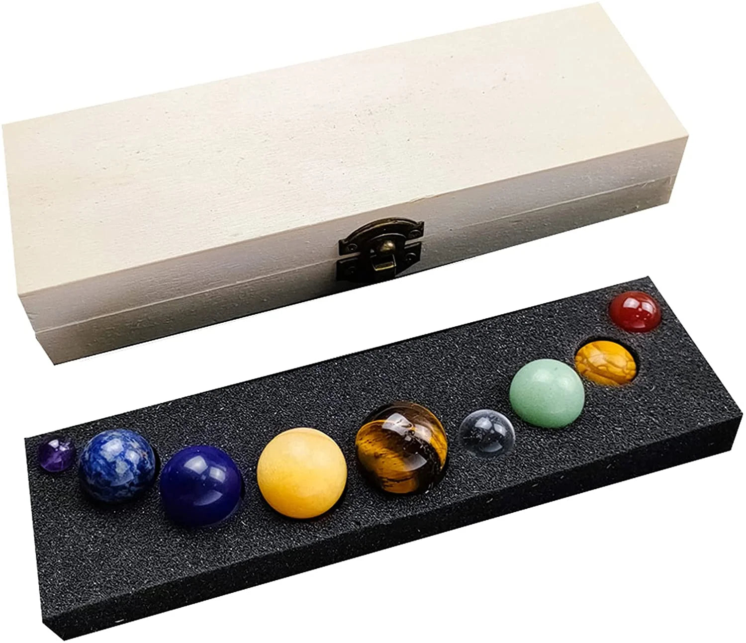 Solar System 9 Planets Natural Gemstone Crystal Ball Set Galaxy Universe Healing Crystals with Wooden Box Creative Gift Home