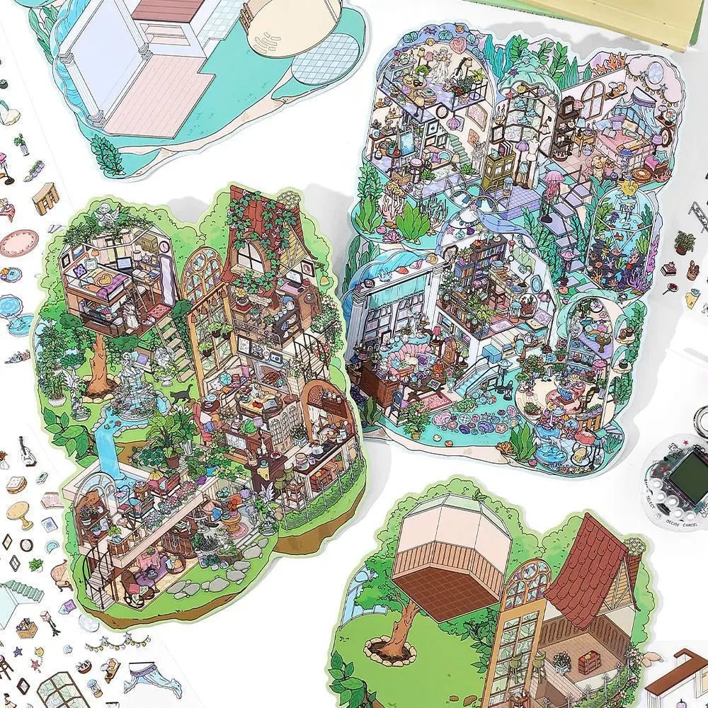 4 Sheets Per Pack 2.5D Miniature Landscape Decals My Cabin Five Bomb Series Handbook Fun Collage Decorative Stickers