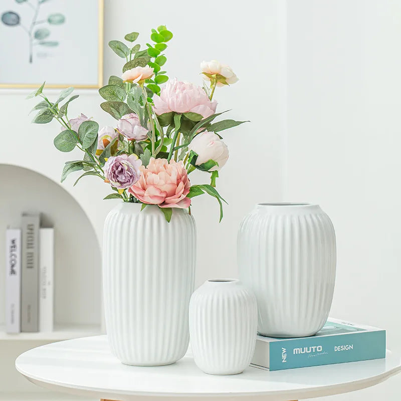Modern Big Oval Shaped White Pink Green Ceramic Porcelain Flower Vase Cylinder Bouquet Holder Vase