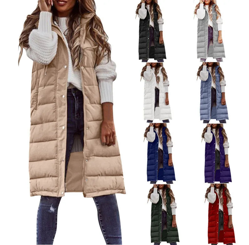 S-5XL New Arrival Fashion Casual Solid Color Turn-down Collar Sleeveless Cardigan Hooded Long Coat Female Clothing