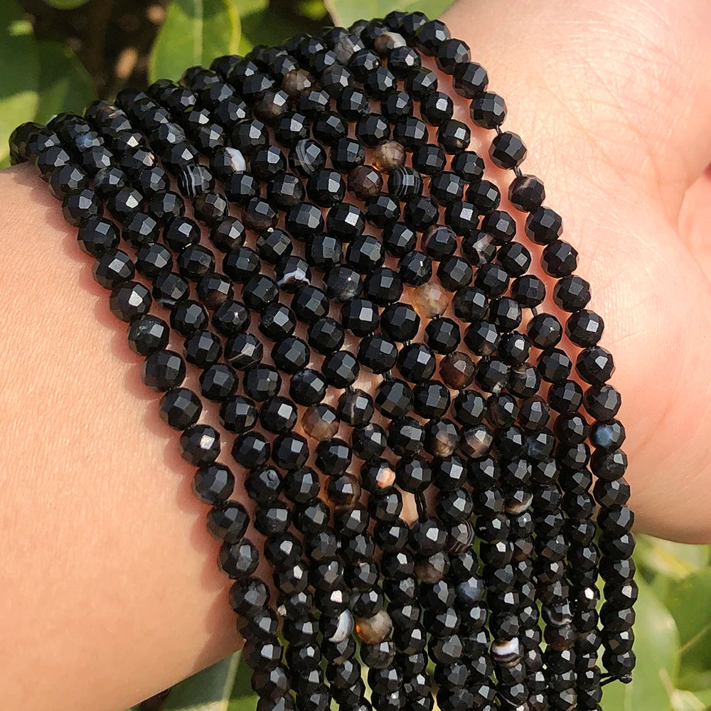 Wholesale Faceted Black Stripes Agates Onyx Stone Beads 2/3/4mm Loose Beads for Jewelry Making DIY