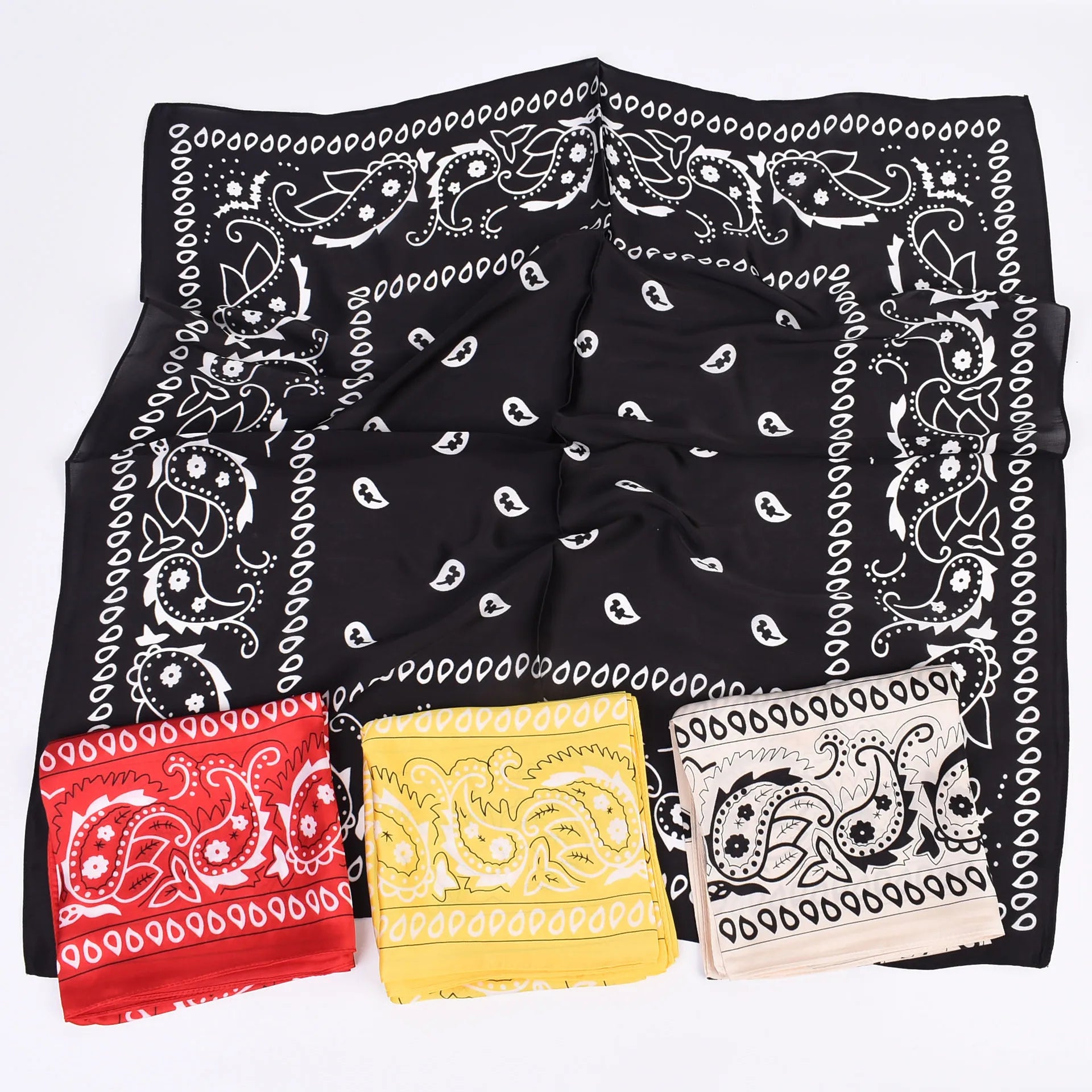 Women's 27-Inch Square Silk Satin Bandanas Custom Bulk Wholesale for Outdoor Scenes