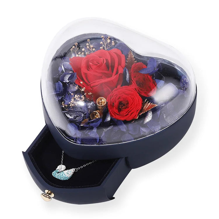 2023 Valentines Day Rose Jewelry Storage Box Wholesale Heart Shaped Gift Box Luxury Artificial Flower Clear Acrylic Gift Box