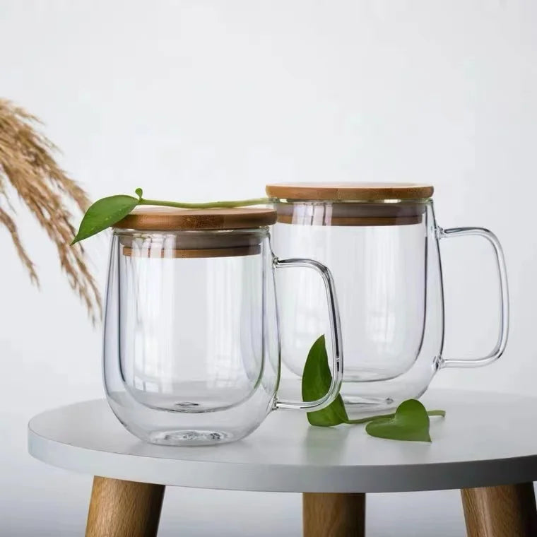 Eco-friendly Borosilicate Glass Insulated Disposable 250ml Double Wall Lead Free BPA Free Cappuccino Coffee Cups with Bamboo Lid