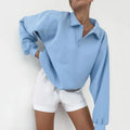 Enyami Polo Collar Solid Color Long Sleeve Oversized Womens Lantern Sleeve Knitted American Casual Sports Style Top Sweatshirt