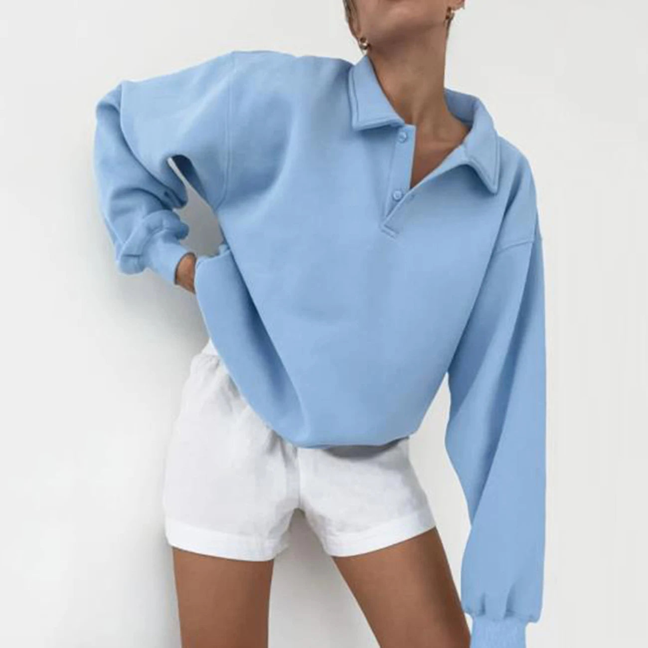 Enyami Polo Collar Solid Color Long Sleeve Oversized Womens Lantern Sleeve Knitted American Casual Sports Style Top Sweatshirt