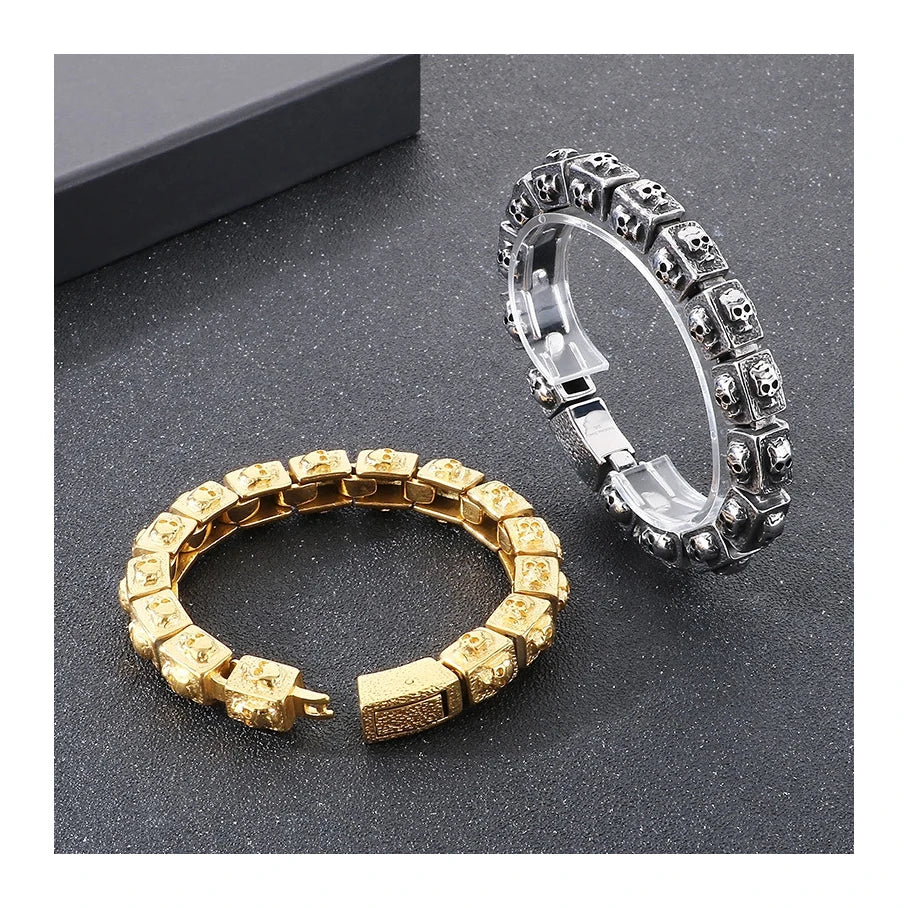 Vintage Charm Stainless Steel Square Skull Bracelets 18k Gold Plated Metal Bracelet Bangle for Men Jewelry Accessories