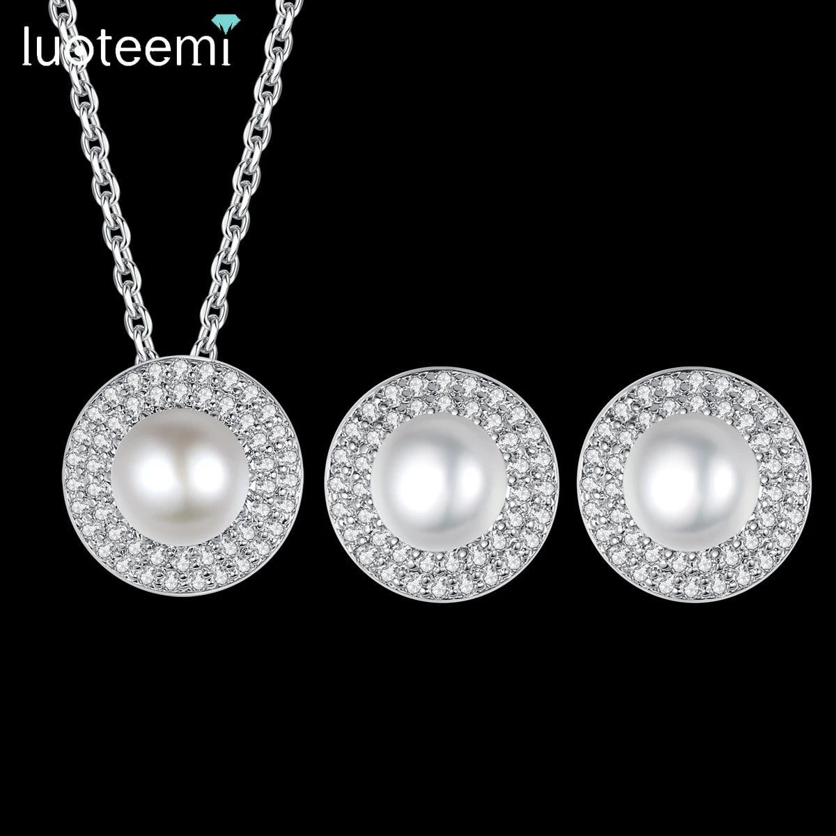 LUOTEEMI Zircon Necklace Cubic Zirconia Lady Elegant Earing Designer Dainty Woman Bling Pearl Jewelry Set