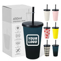 Custom logo 450ml Double Wall Stainless Steel Coffee Cup with Plastic Straw and Metal Lid 16oz Portable Tumbler