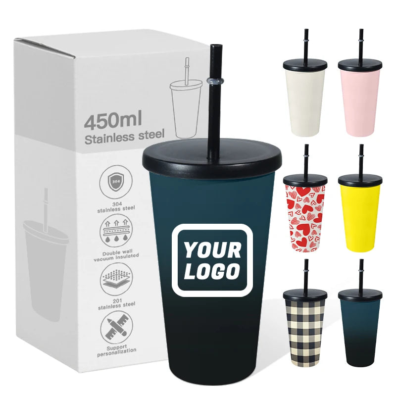 Custom logo 450ml Double Wall Stainless Steel Coffee Cup with Plastic Straw and Metal Lid 16oz Portable Tumbler
