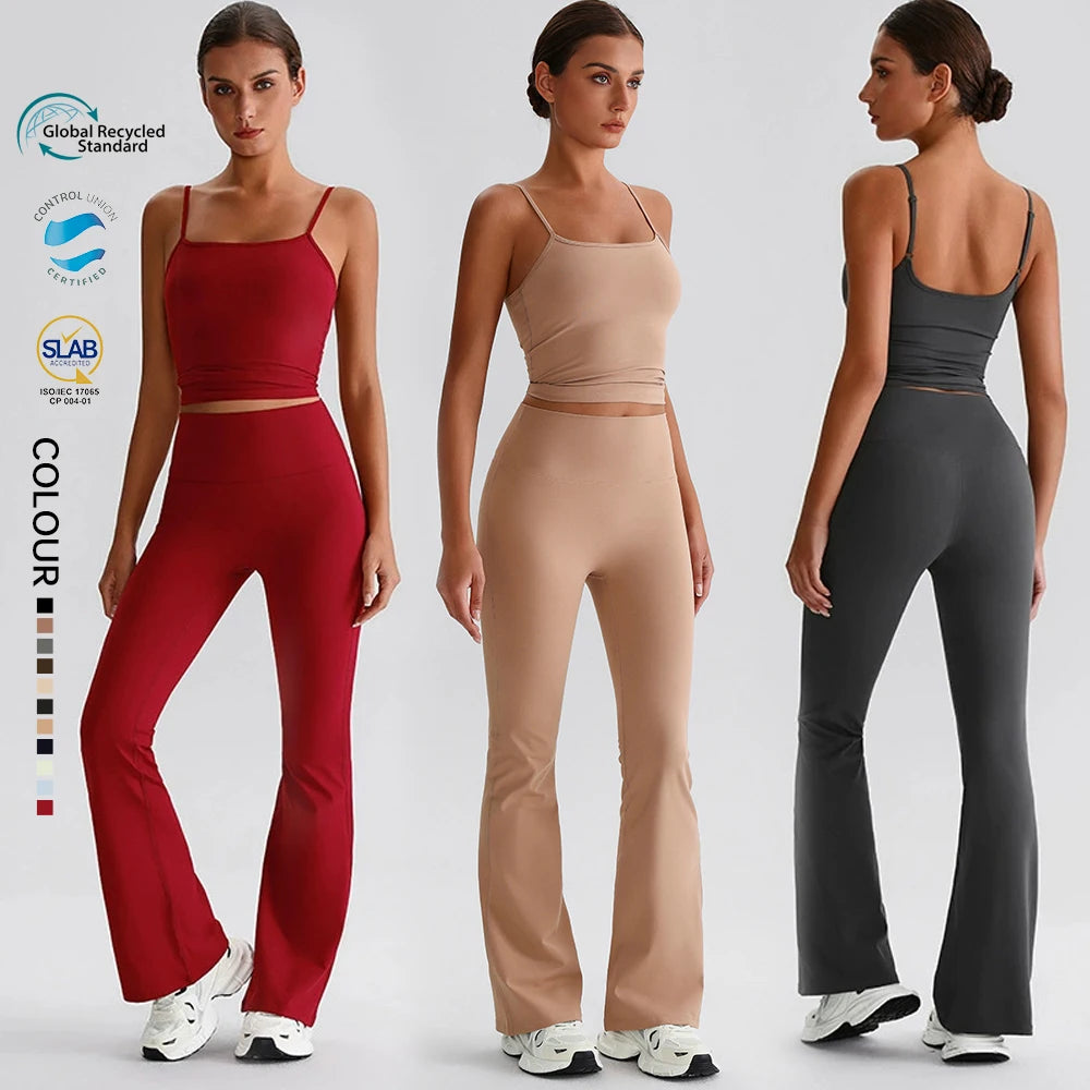 SHINBENE Recycled Polyester Women's Workout 2Pcs Set Sustainable Sports Tops Flare Leggings Gym Fitness Sets Plus Size Solid