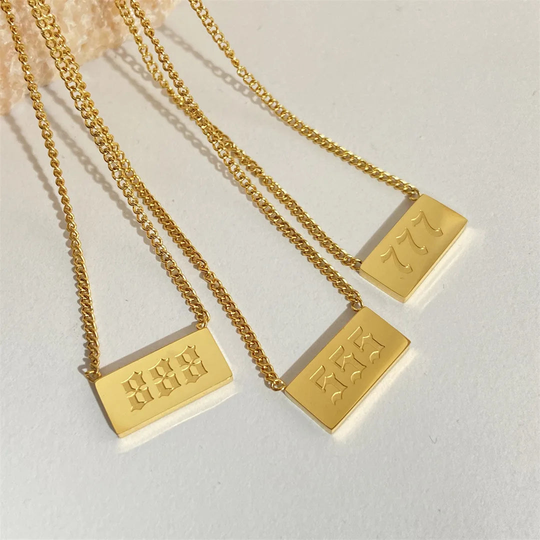 Custom Deep Engraved Rectangular Geometric Stainless Steel Angel Number Necklace Fashion Tarnish Free Choker with Link Chain