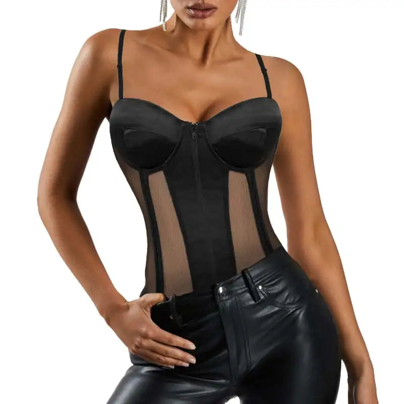 Custom Zip-Up Sexy Mesh Sheer Spaghetti Strap Crop Top Breathable Slimming Bustier Corset Bodysuit with Built-in Bra