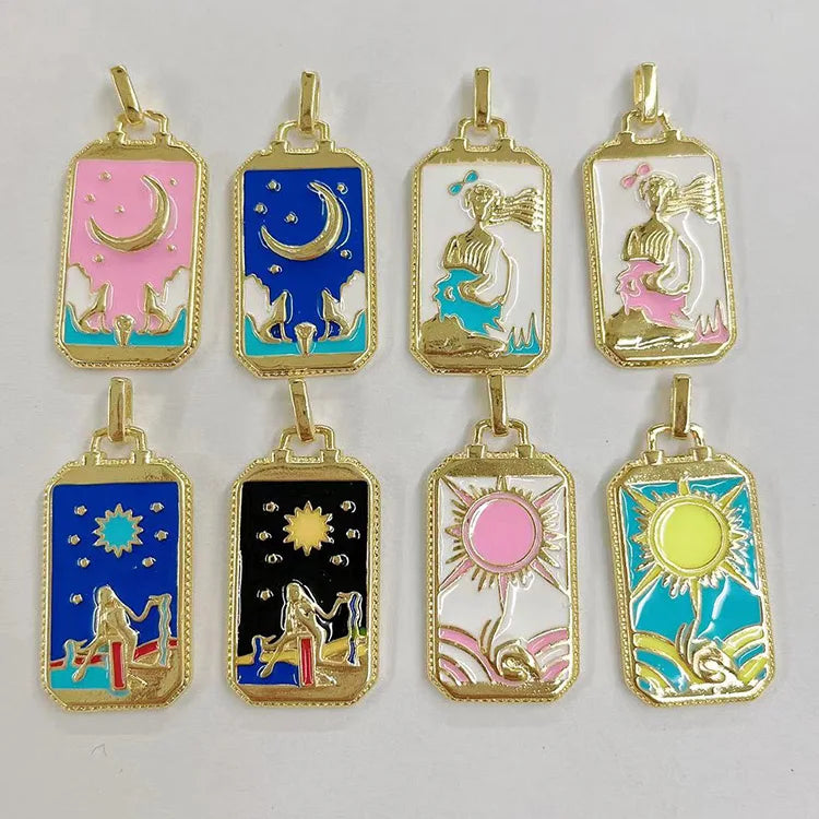 JS1697 18k Gold Plated Enamel Tarot Card PendantStar Strength Sun Moon Symbolic Charm Tarot Card Mystic Jewelry Supplies