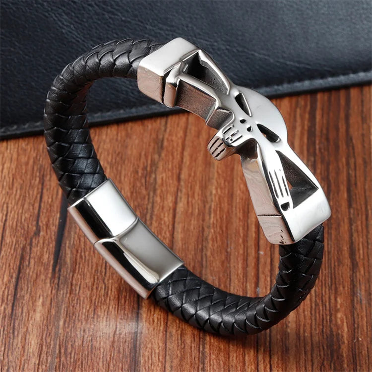 Hip Hop Jewelry Skull Stainless Steel Bracelet Customized Name Black Leather Braided Rope Bangle Men Leather Bracelet