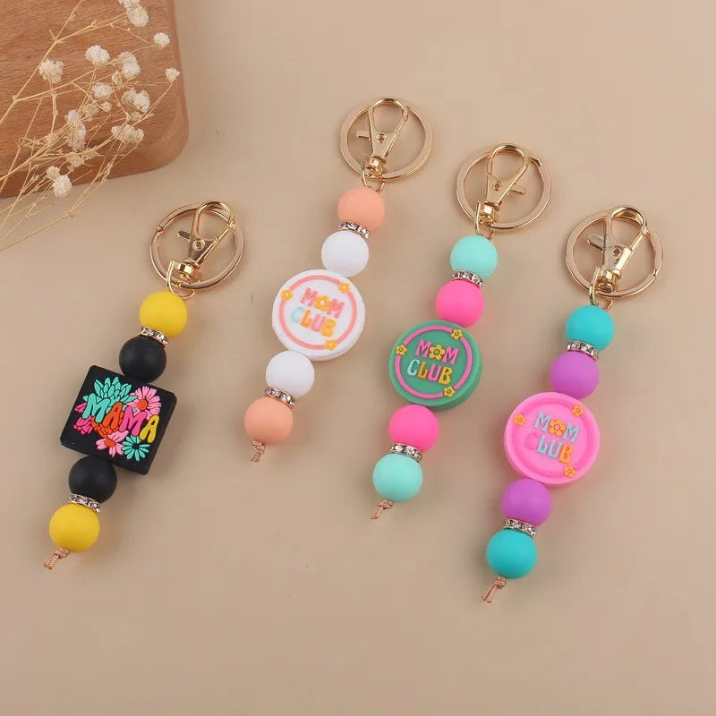 New Creative DIY Handmade Cartoon Mom Club Silicone Bead Keychain Rechargeable PU Keychain Bag Pendant Mother's Day Gift