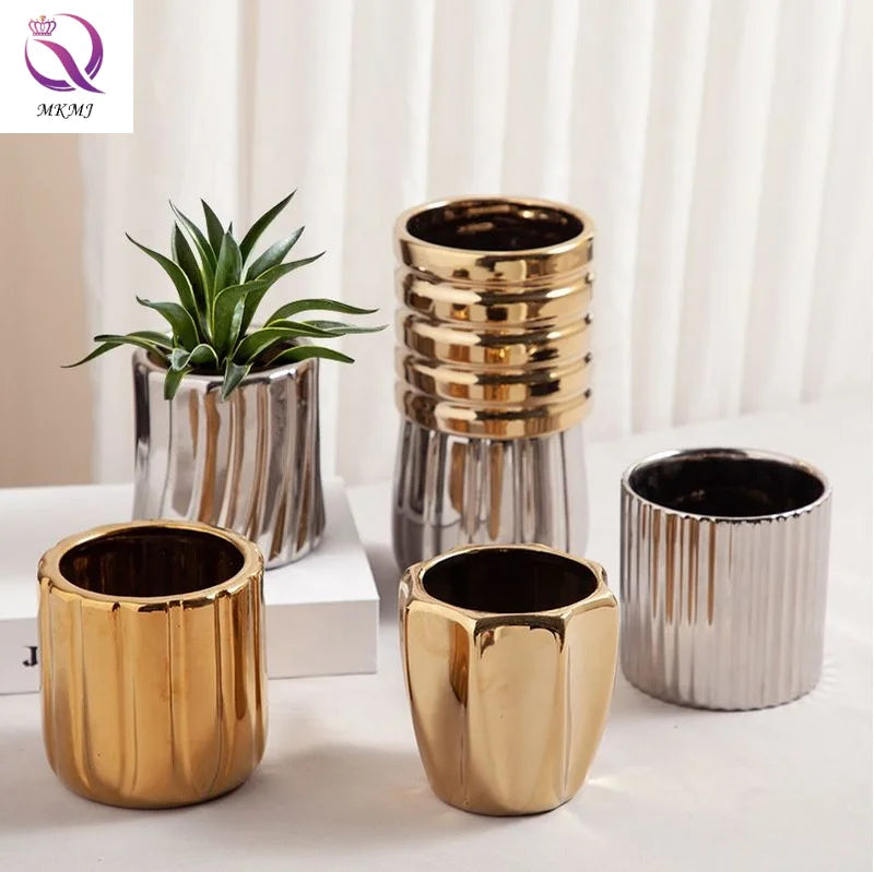 Factory Wholesale INS Small Flowerpot Creative Geometric Golden/Silver Ceramic Vase Indoor Desktop Ornaments