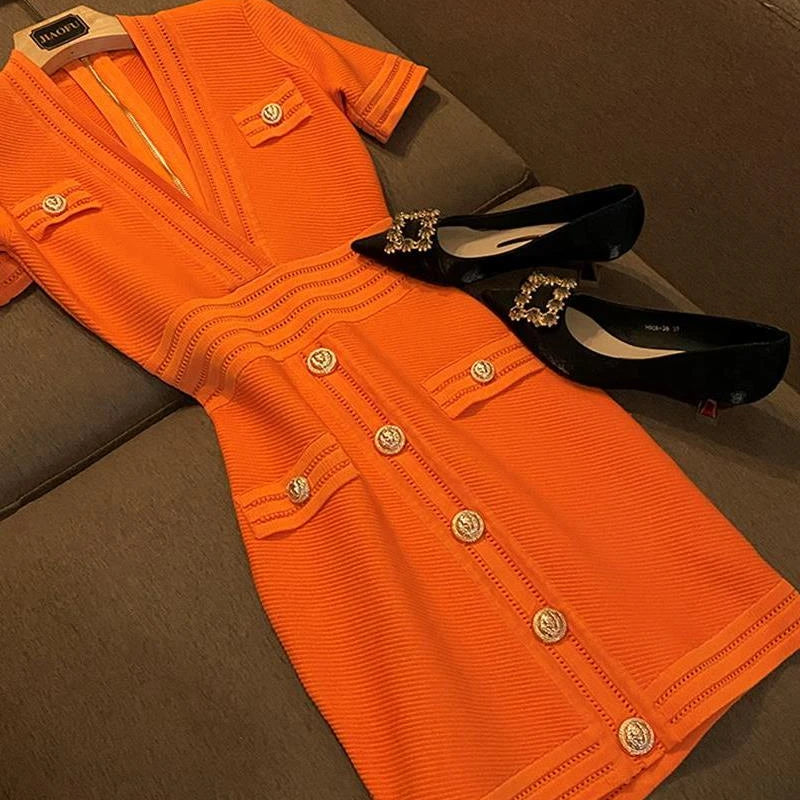 Delicacy Slim Cutting Sexy Deep V-neck Hollow Out Solid Short Sleeve Office Lady Women Fashion Mini Dress Orange