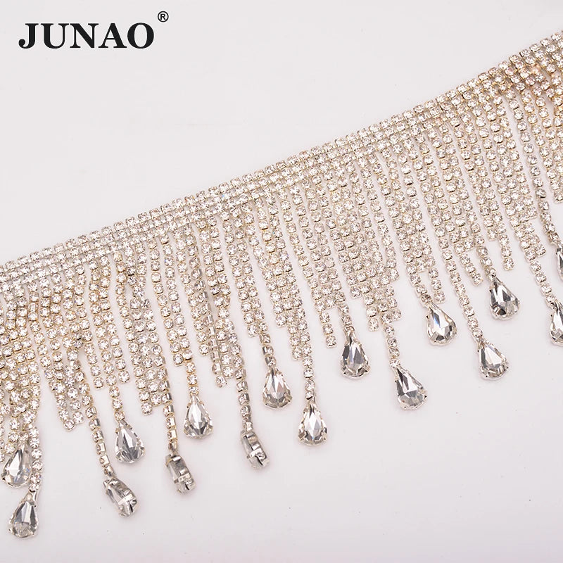 JUNAO Wholesale 1 Yard Shiny Clear Drop Glass Rhinestone Fringe Trim Crystal Cup Chain Strass for Dress Decoration