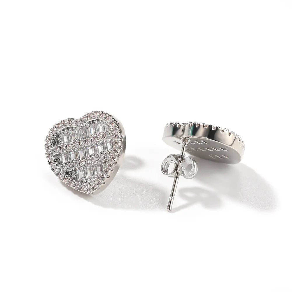 CZ Baguette Full Iced Heart Bling Bling Earring love Zircon Heart Rose Gold Silver White Gold Women Iced Out Earrings Studs