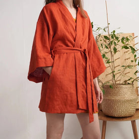 Oeko Certified Custom Wedding Stone Washed New Design Women Bathrobe Eco Linen Bath Robe Kimono