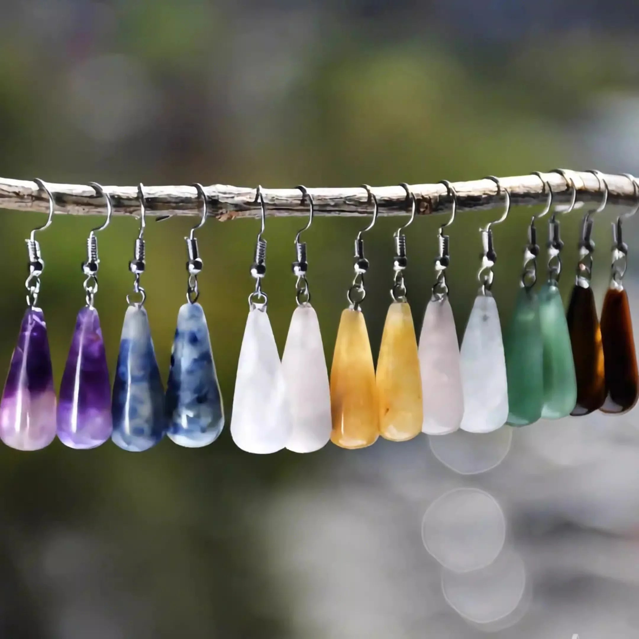 Classic Healing Crystal Tear Drop Earrings Waterdrop Pendant Statement Jewelry featuring Tiger Eye Rose Quartz Amethyst