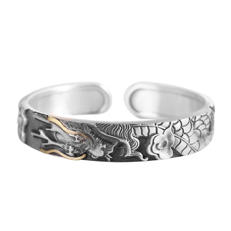 Pure Silver 999 Bracelet Bangles for Men Frosted Retro Inlaid Copper Carnelian Opening Dragon Punk Rock Hip Hop Cuff Bracelet