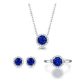 925 Silver Jewelry Set with Three-Piece Blue Sapphire & CZ Diamond Halo Elegant Party Necklace Earrings Rings