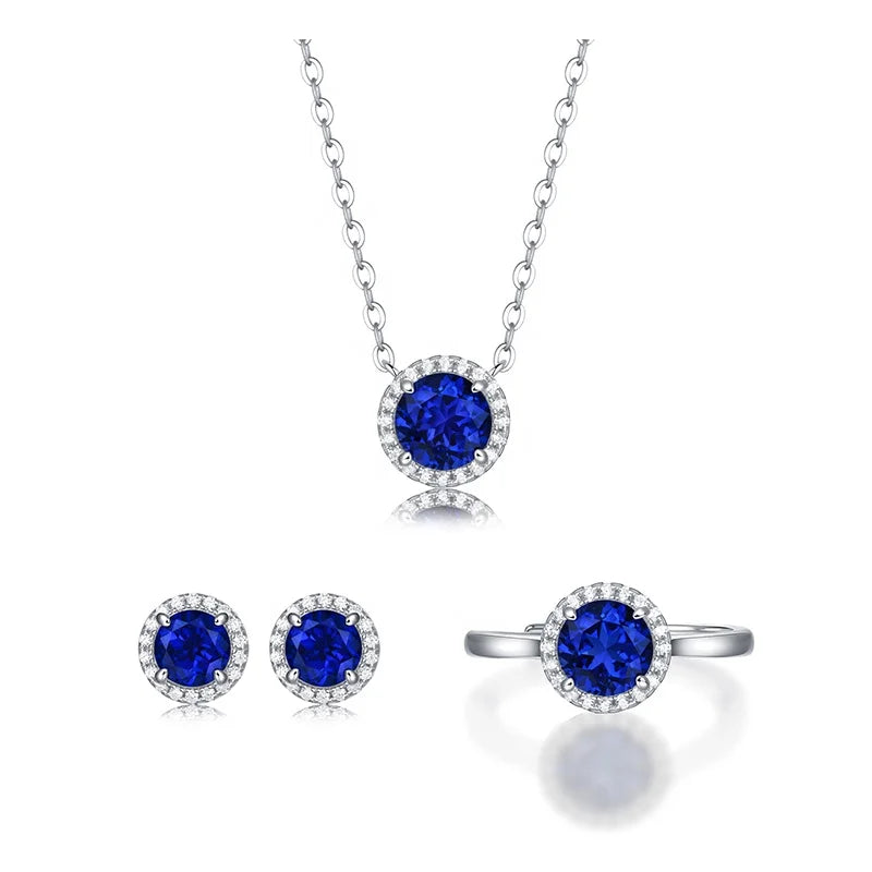 925 Silver Jewelry Set with Three-Piece Blue Sapphire & CZ Diamond Halo Elegant Party Necklace Earrings Rings