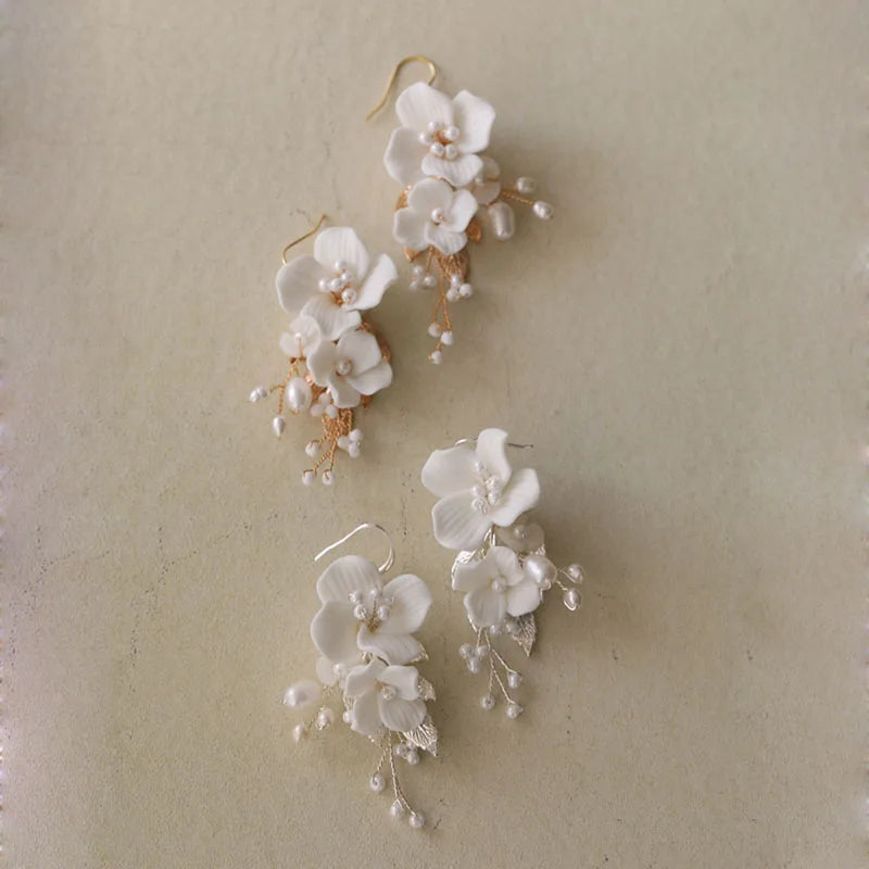 SLBRIDAL Ins Style Sparkling Zircon Crystal Rhinestones Porcelain Flower Freshwater Pearls Bridal Wedding Earring Women Earrings