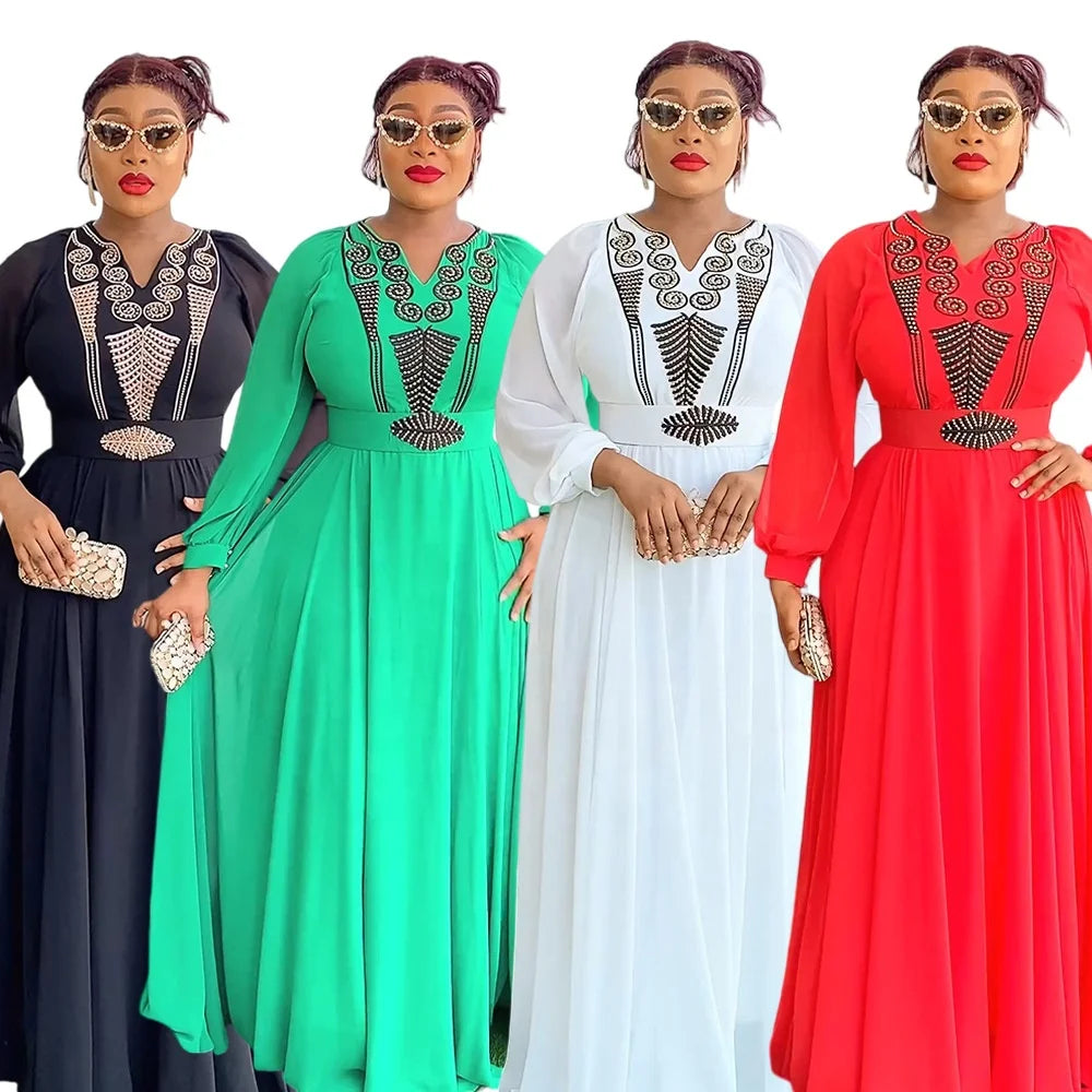 African Fashion Elegant Chiffon White Dress Long Sleeve Premium V Neck Slim Gown Party Dresses for Women K0059