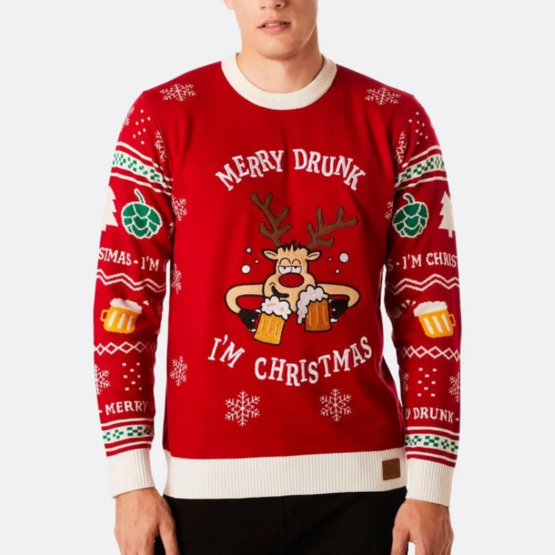 Men's Christmas Sweaters Cartoon Pattern Jacquard Embroidery Pullover Merry Drunk 25 Long Sleeves Front Logo for Autumn Winter