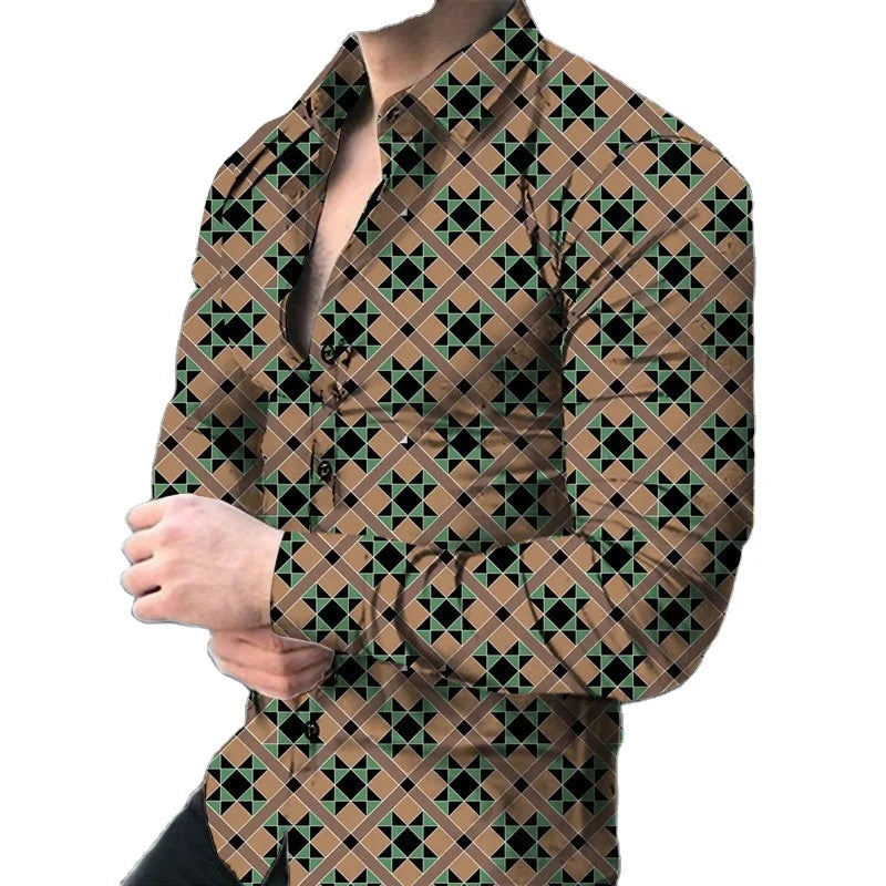 2025 Men's New Style Casual 3D Printed Long-Sleeved Lapel Vintage Dress Style Polo Shirt for Summer Formal Vintage Clothing