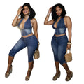 Spring Summer Women Clothing Sleeveless V Neck Front Zipper Crop Top Midi Pants Denim Sets Women Casual Two Piece Set