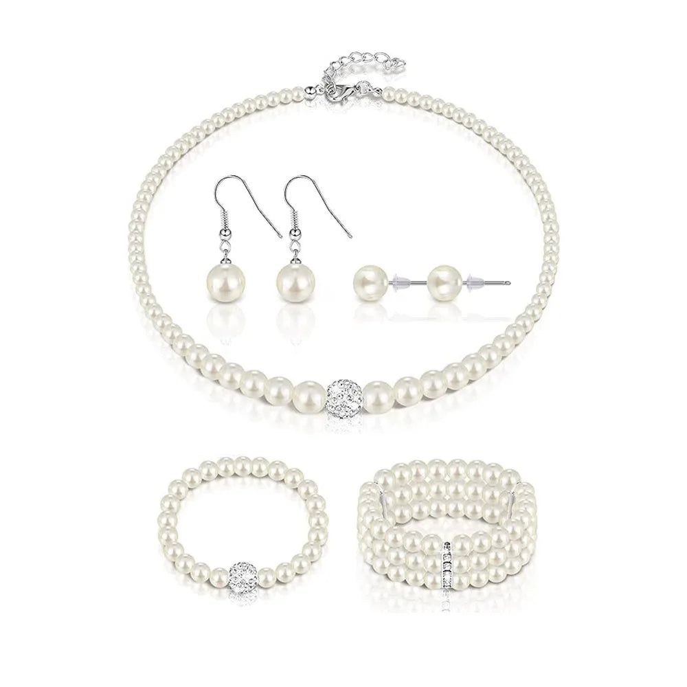 JOYFFO Romantic Silver Set Women Pearl Rhinestone Necklace Bracelet Earrings Anniversaries Valentines Weddings Tea Parties