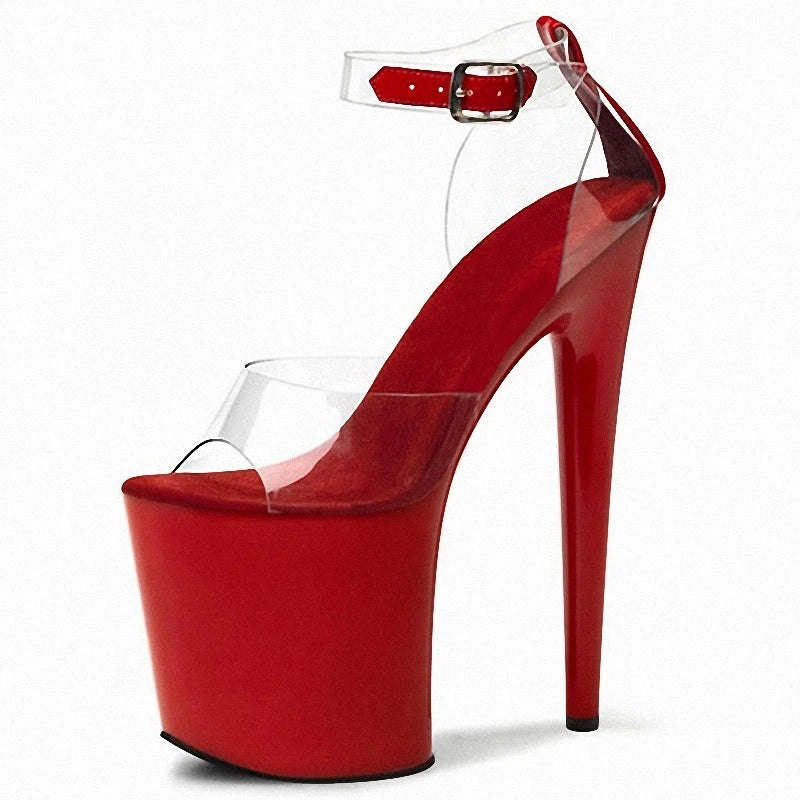 Elegant Transparent Red Flower Peep Toe Women's 8 Inch High Heels Ankle Strap Platform for Full Dress Stripper Pole Dance