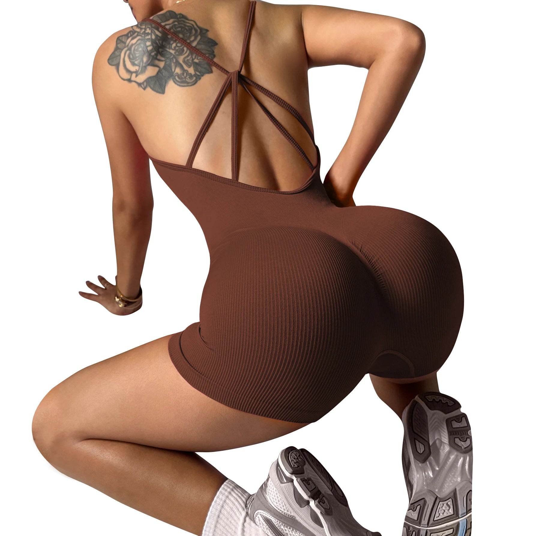 Women's Compression Stretch Soft Quick Dry Padded Ribbed Scrunch Back Seamless Dance Bodysuit Sports Jumpsuit