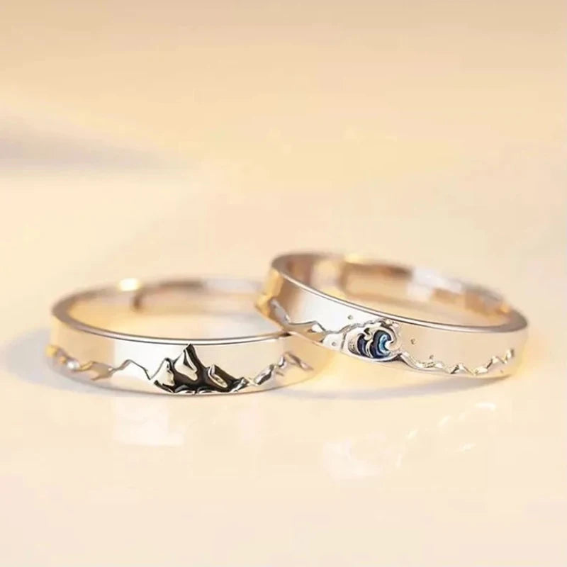 RisingMoon Jewelry Copper Silver Mountain and Sea Promise Ring Valentine Day Couple Rings