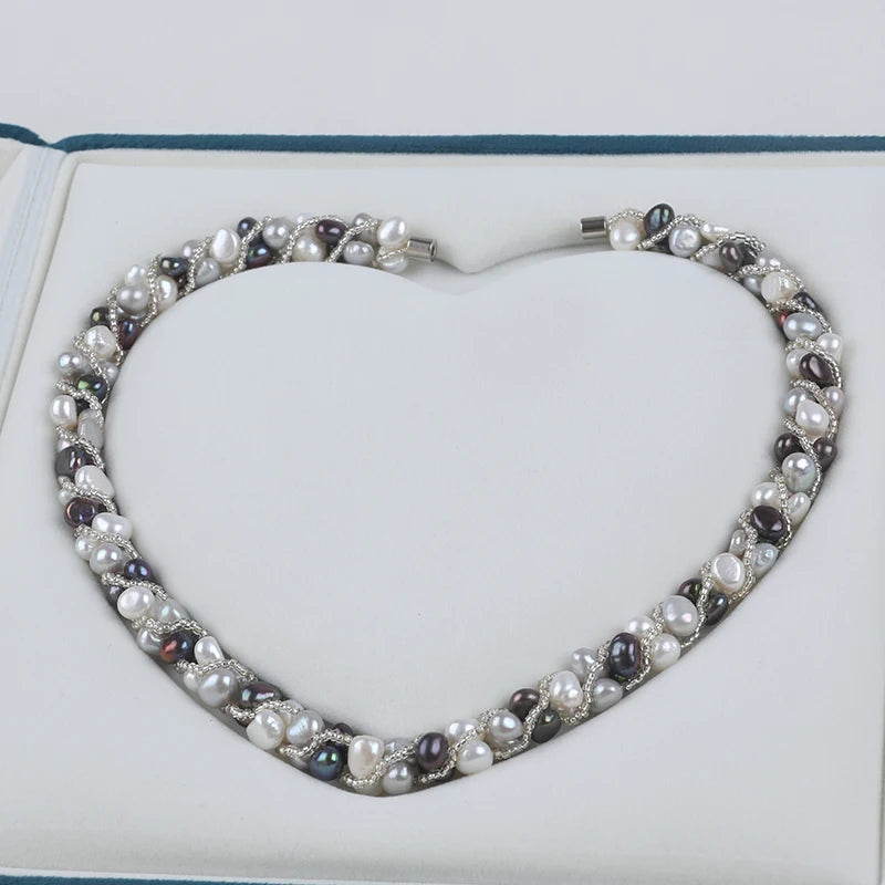Zhuji 8-9mm White Black Button Shape Pearl Fashion Twist Chain Necklace Pearl for Women MegaBDM