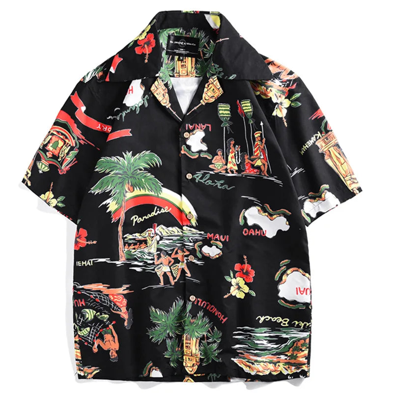 Summer New Casual Shirts Loose Anti-Wrinkle Breathable Digital Printing Lapel Hawaiian Short Sleeve Men's