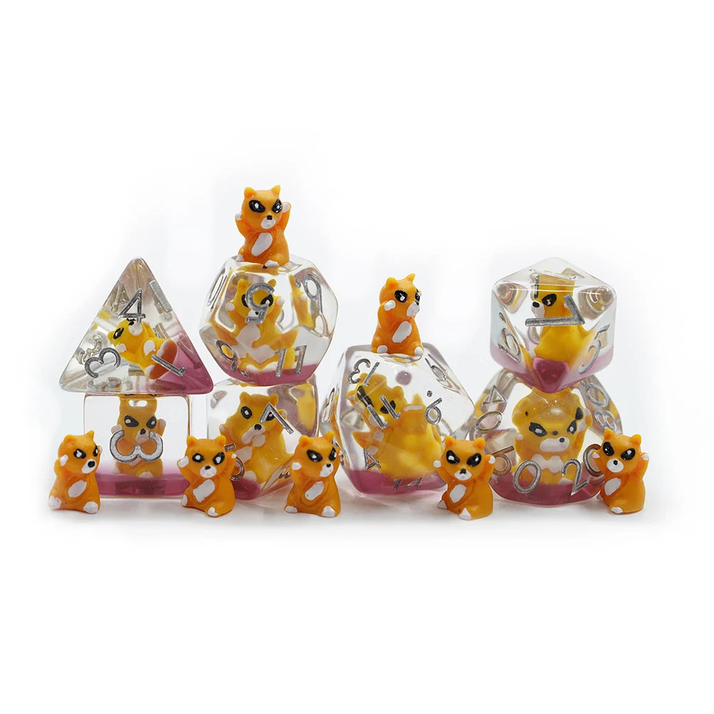 7 Piece New Premium Shiny Small Raccoon Yellow Cat Digital Polyhedron Acute Angle Resin Dice Set Dnd