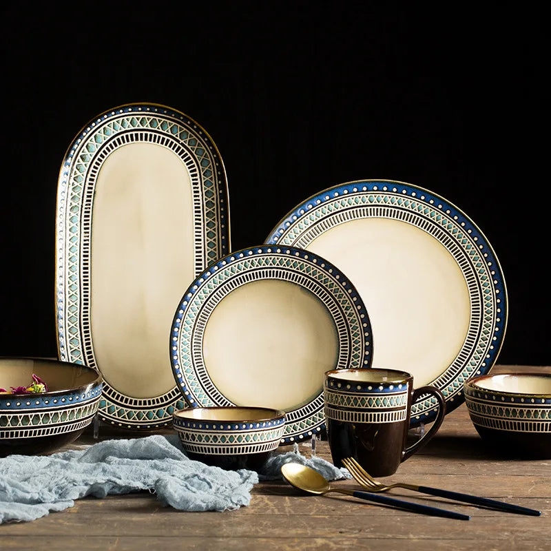 Nordic Luxury Tableware Steak Plate Salad Bowl Set Creative Ceramic Dinnerware Sets with Embossed Design
