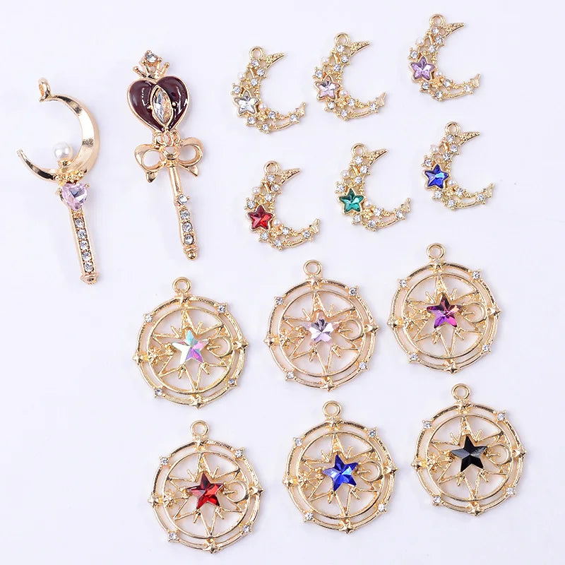 Hot Sale 10 PcsGold Diamond Moon Star Bracelet Charms Necklace Pendantfor Handmade DIY Jewelry