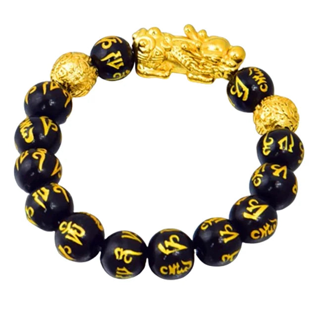 Handmade Stainless Steel Pixiu Natural Obsidian Onyx Red Agate Bracelet Customized Gold Plated Elastic Bead for Couples As Gift