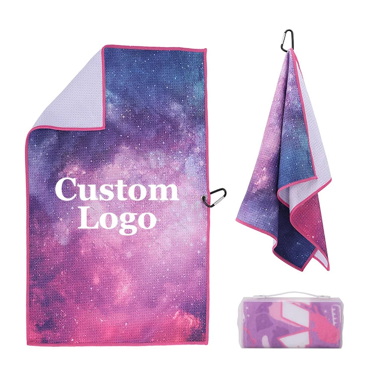 Square Eco-Friendly With Carabiner Sublimation Printing Golf Towel Custom Logo Design Microfiber Waffle Gym Golf Towel