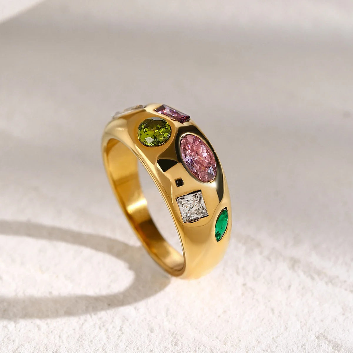 New Trendy 18K Gold Plated Stainless Steel Jewelry Ring Wide Chunky Colorful Cubic Zircon Stone Rings Women
