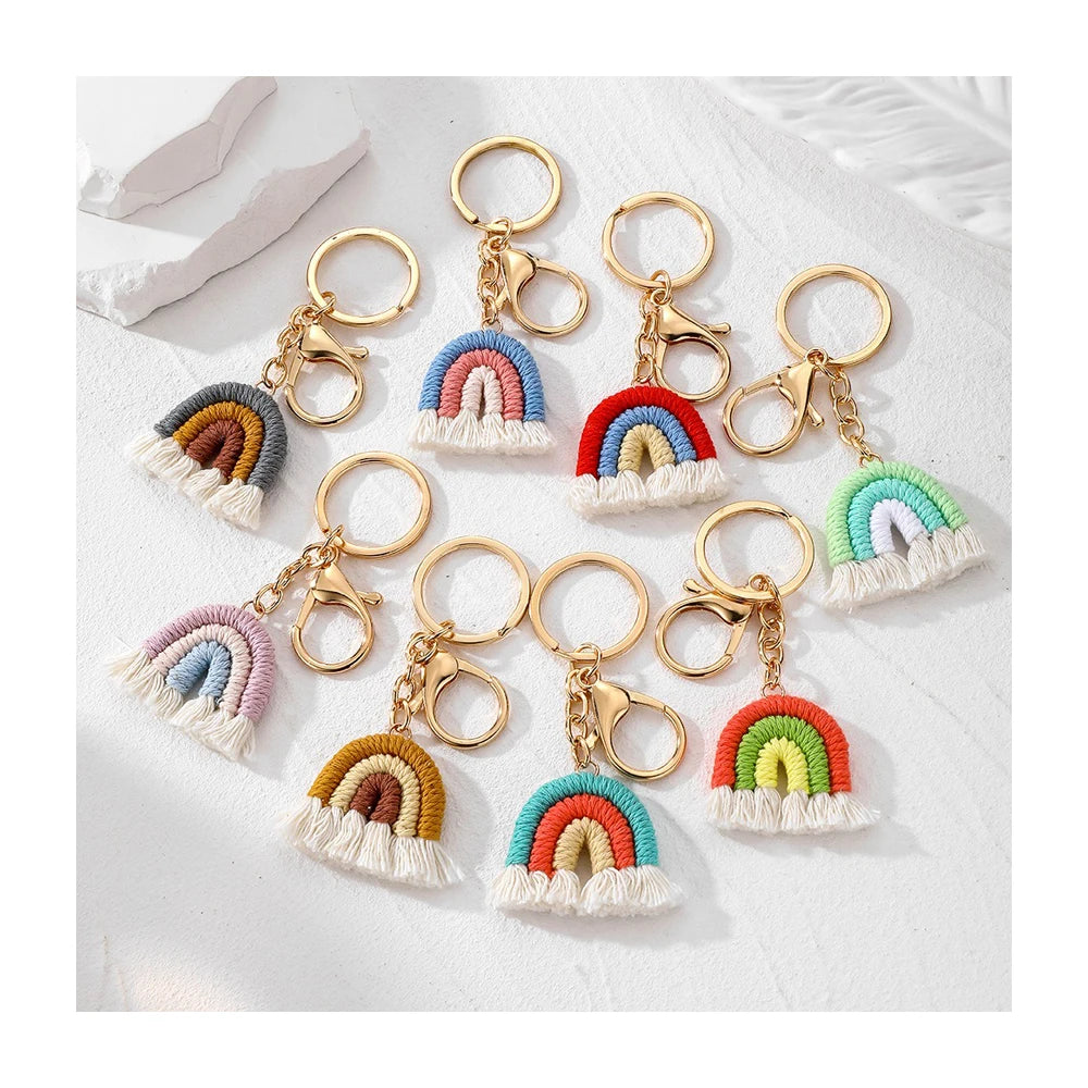 Bohemian Women Rope Weaving Rainbow Tassel Charm Keyring Handmade Colorful Boho Key Holder Handbag Purse Pendant Keychain