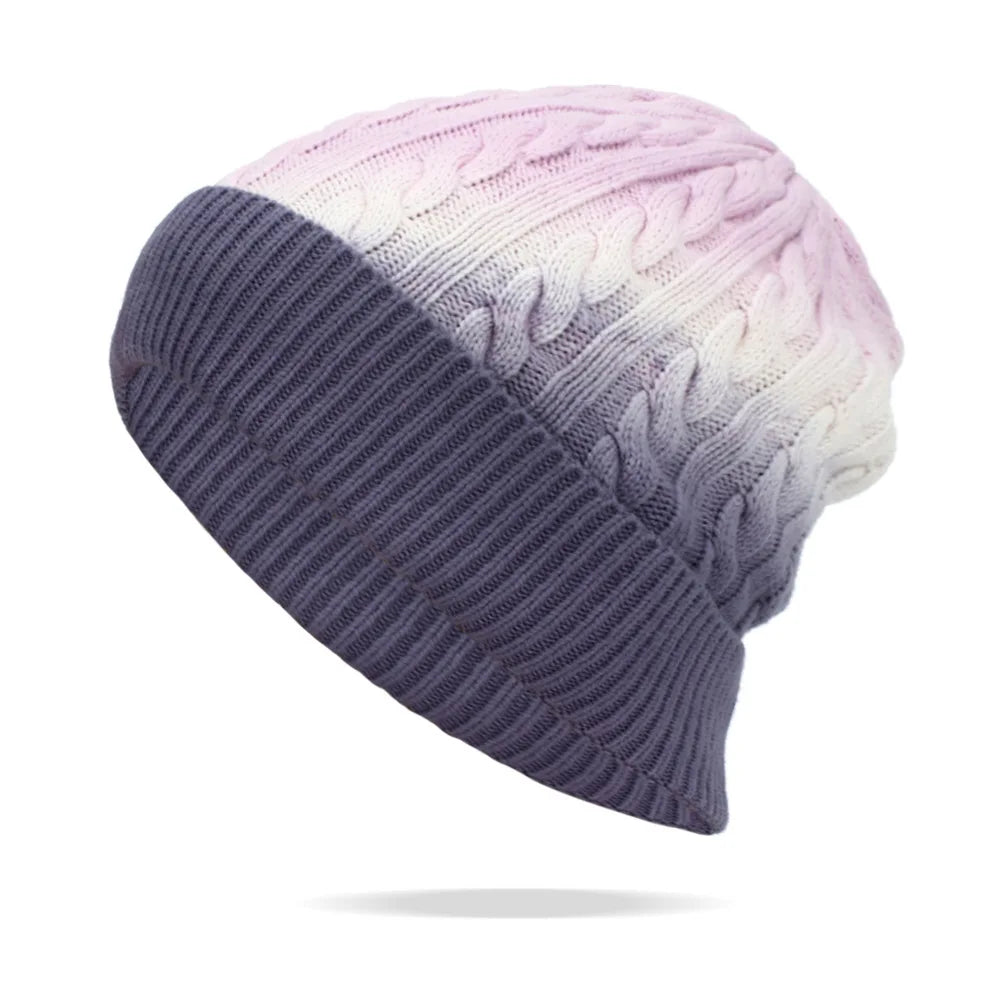 Custom logo Gradient Color Cable Knit Beanie Hat Two Tone Tie Dye Beanie for Men Women