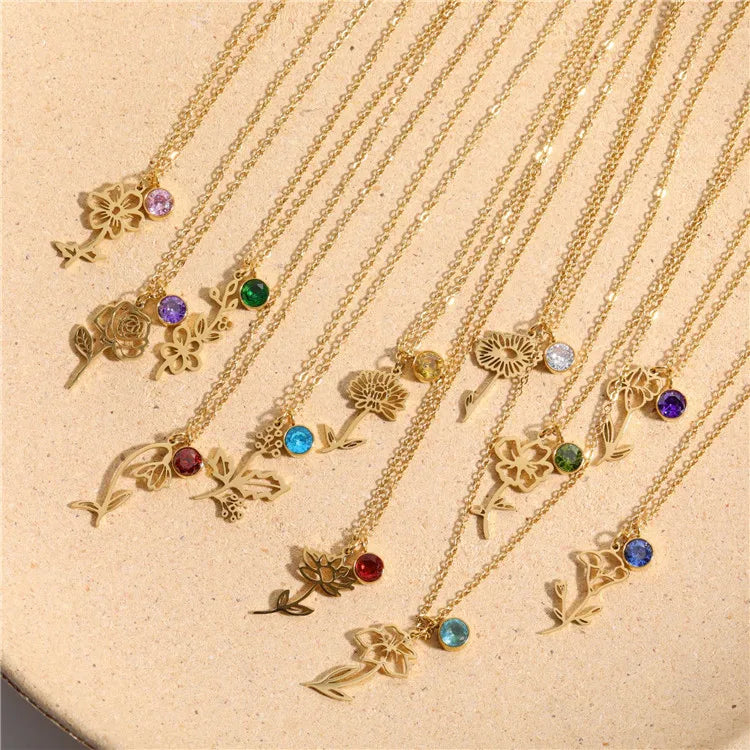 SP Women Jewelry Personalized Stainless Steel Customized Birth Stone 12 Birth Month Flower Necklace
