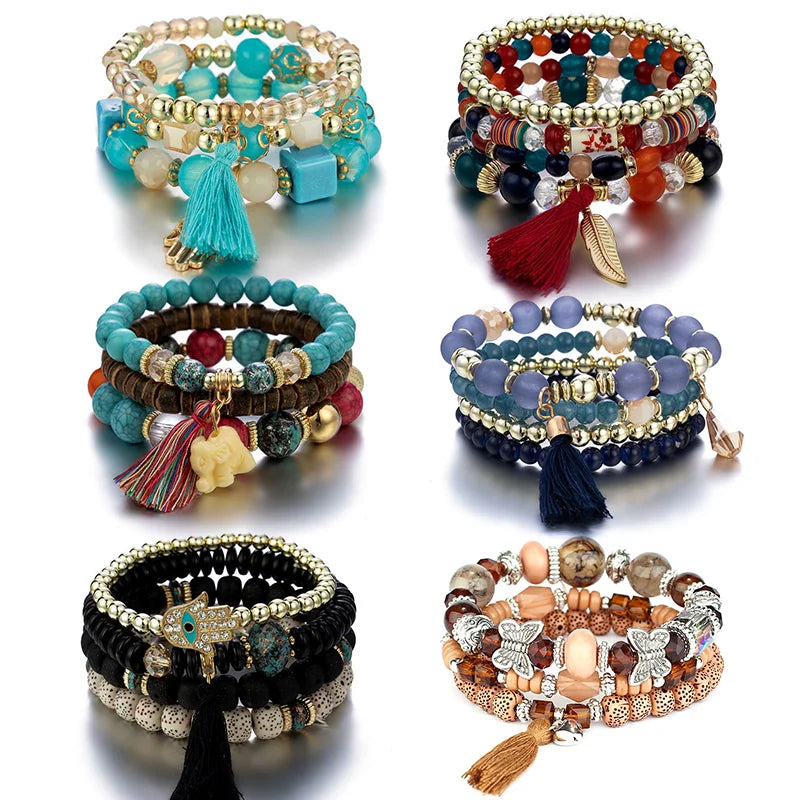 Newest Custom Boho Beaded Butterfly Women Bracelet Sets Fashion Layer Eye Charms Bracelet With Tassel